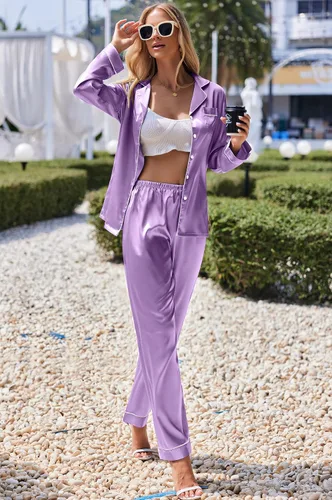 Miniatura 3 de Ekouaer Conjunto de pijama de satén largo clásico de verano para mujer