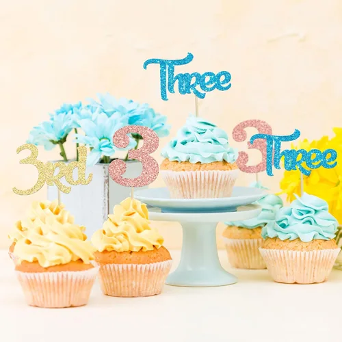 Miniatura 5 de 24 piezas de adornos para cupcakes de tercer cumpleaños, adornos para cupcakes de tercer cumpleaños con purpurina, tres adornos para cupcakes