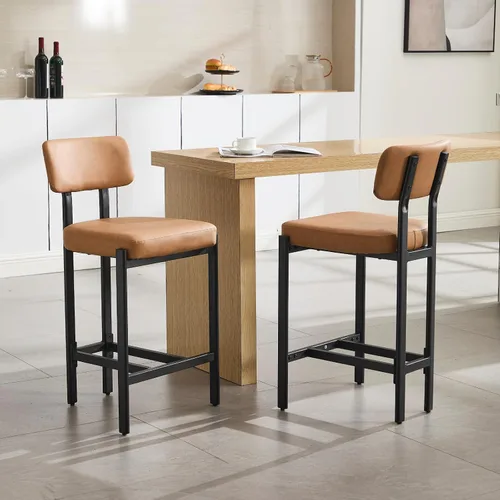 Miniatura 7 de DUOMAY Juego de 2 taburetes modernos de piel sintética, tapizados de 26 pulgadas de altura de asiento bajos con patas de metal negro, taburetes