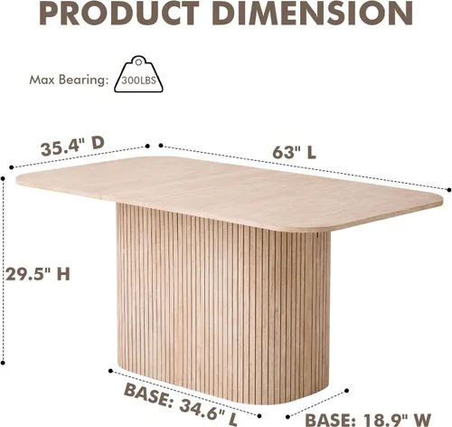 Miniatura 2 de Mesa de comedor de 63 pulgadas para 4 personas, esquinas redondeadas, base de pedestal a rayas, mesa rectangular moderna de granja, color beige