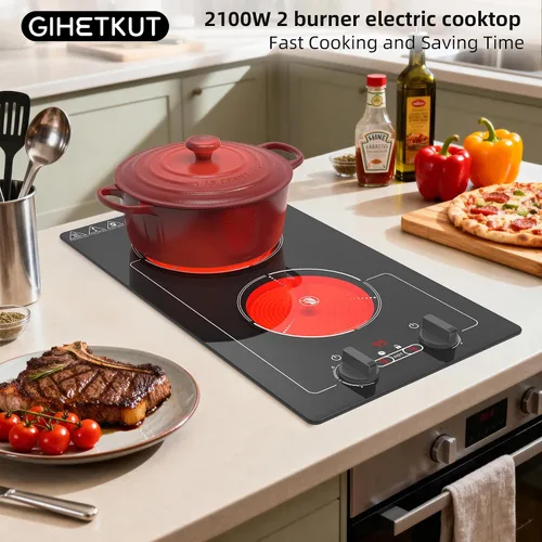 Miniatura 7 de GIHETKUT - Placa de cocina eléctrica, 110V 2100W, 9 niveles de potencia, 2 quemadores, control de botón y táctil, bloqueo para niños y temporizador