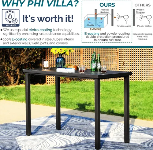 Miniatura 6 de PHI VILLA Mesa de bar alta para exteriores, mesa de comedor de 55 x 27 pulgadas de altura de mostrador con marco de metal similar a la madera