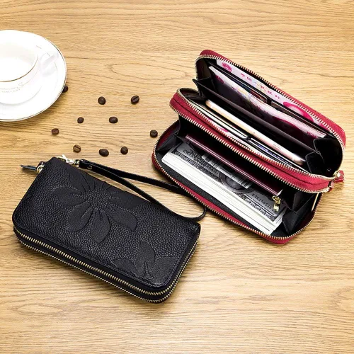 Miniatura 8 de Cartera de cuero para mujer con bloqueo RFID, bolsillo para teléfono inteligente con doble cremallera,Ranuras para efectivo de gran capacidad