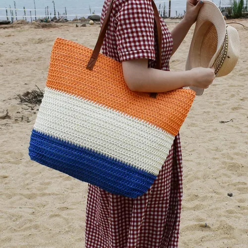 Miniatura 17 de Bolso grande de paja para mujer, tejido de ratán, bolso de playa de verano, a rayas
