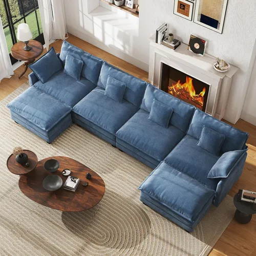 Miniatura 24 de WorthFurni Sofá Seccional Modular de 111.4", Sofá de Nube en Forma de U con 2 Otomanas Móviles, Cómodo Sofá de Chenille de Asiento Profundo