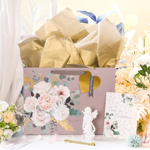 Miniatura 3 de MAYPLUSS Bolsa de regalo extra grande de 16 pulgadas con tarjeta de felicitación y papel de seda para boda, cumpleaños, diseño floral dorado