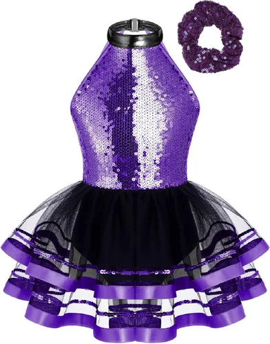 Miniatura 75 de CHICTRY Vestido tutú de ballet con lentejuelas brillantes para niñas y niñas, moderno disfraz de baile latino de jazz