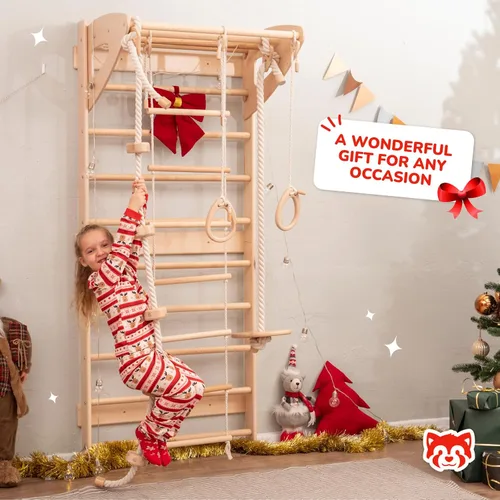Miniatura 6 de Escalera sueca para niños para juegos activos en interiores, barra de dominadas ajustable, escalera de cuerda, anillos de gimnasia, cuerda