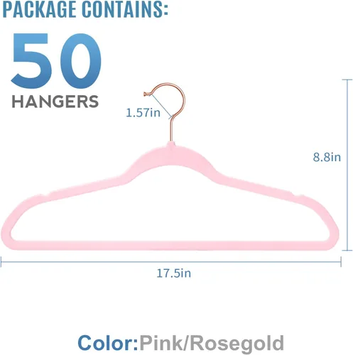 Miniatura 2 de TIMMY Perchas de terciopelo antideslizantes, paquete de 50 perchas ultrafinas que ahorran espacio para trajes y abrigos, soporte para ropa Rosa