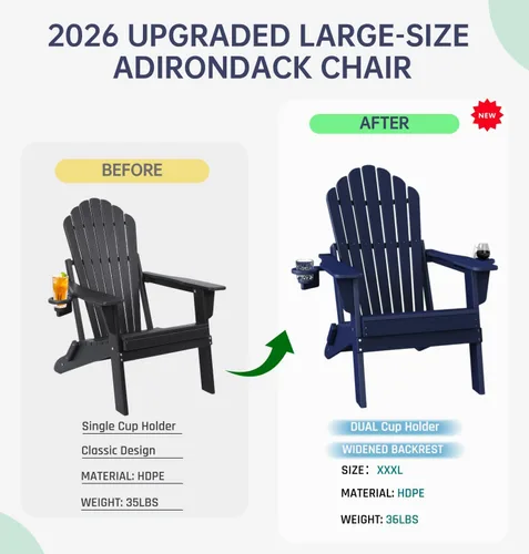 Miniatura 9 de Plawdlik Silla Adirondack plegable de gran tamaño, silla de patio HDPE para todo tipo de clima con 2 soportes para tazas, asiento ancho de respaldo