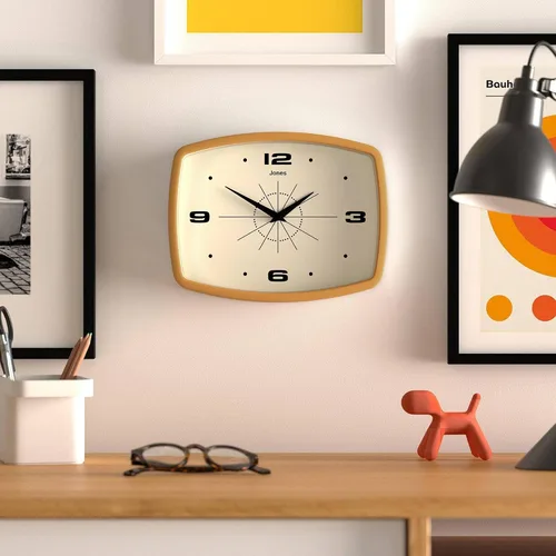 Miniatura 3 de JONES CLOCKS® Reloj de pared de película Reloj retro rectangular 10 pulgadas Amarillo mostaza Aspecto de diseñador fresco de mediados