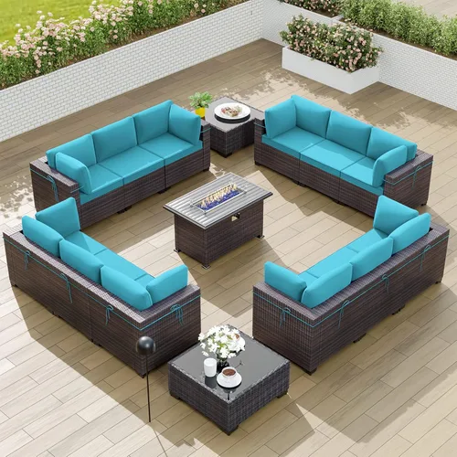 Miniatura 76 de Kullavik Juego de 13 muebles de patio al aire libre con mesa de fogata de gas propano de 43 pulgadas, 55000 BTU, mimbre de polietileno, sofá Arena