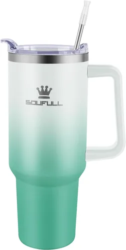 Miniatura 2 de Vaso de 40 onzas con asa y tapa con popote, taza de café de viaje 100% a prueba de fugas, taza aislada de acero inoxidable para bebidas frías