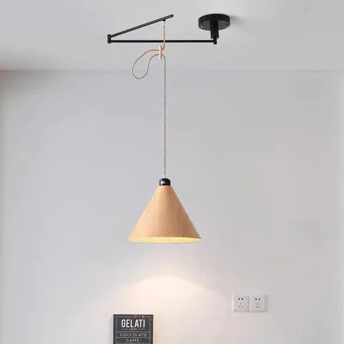 Miniatura 8 de Lámpara colgante ajustable con brazo oscilante, lámpara colgante de metal negro, lámpara de techo de grano de madera nórdica, iluminación moderna