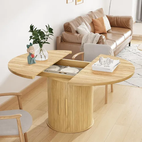 Miniatura 6 de Mesa de comedor redonda extensible de 43.3-59 pulgadas para 4-6-8, puerta corredera de madera estriada, mesa de cocina ovalada moderna, base