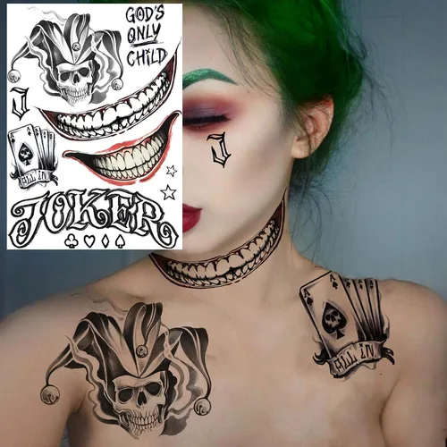 Miniatura 7 de COKTAK 6 hojas de tatuajes temporales de Joker para hombres, mujeres y niños, kit de maquillaje de Halloween, disfraz de cosplay, tatuajes faciales