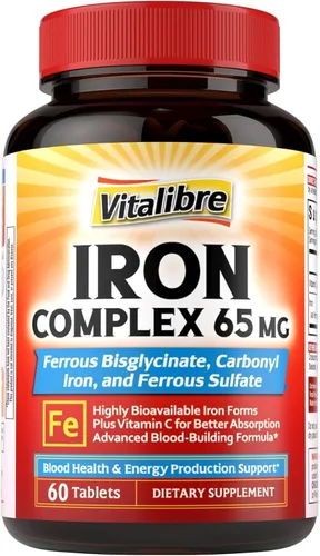 Suplemento de hierro, 3 en 1 de 65 mg de complejo de hierro ferroso, sulfato, hierro carbonilo con vitamina C natural, píldoras de hierro amigables