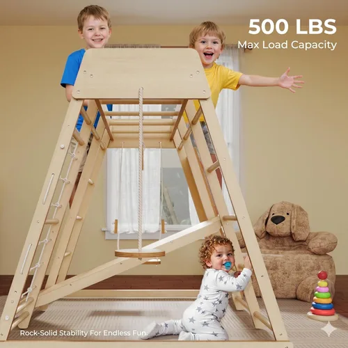 Miniatura 4 de LINKHOO Gimnasio grande de madera para interiores de la selva para niños de 2 a 6 años, juego de escalador Montessori con tobogán, red de escalada