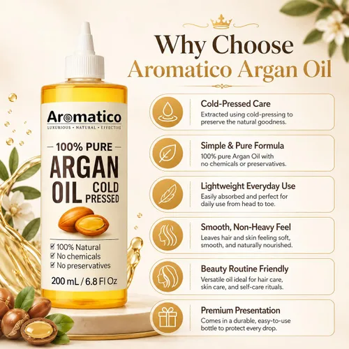 Miniatura 8 de Aromatico 100% Pure Argan Oil 7 fl oz – Lightweight, Non-Greasy Hair & Skin Oil for Smooth, Shiny Hair & Deep Moisture – Cold Pressed Multipurpose