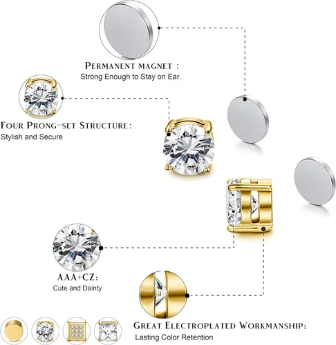 Miniatura 2 de Jstyle 4 pares de pendientes magnéticos de acero inoxidable para hombres y mujeres con circonita cúbica dorada, sin perforación, juego de 0.236