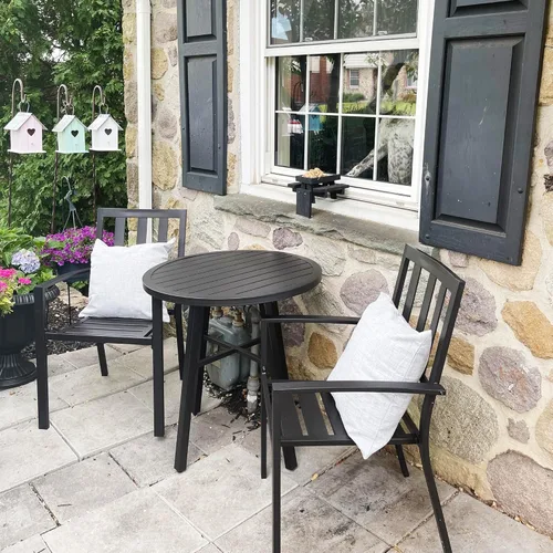 Miniatura 2 de PHI VILLA Juego de 2 sillas apilables de hierro forjado para patio, sillas de metal portátiles negras para exteriores, soporta 300 libras, ideal