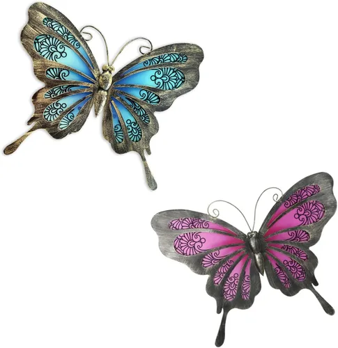 Miniatura 8 de LIFFY Decoración de pared de mariposa de metal, esculturas artísticas de pared de vidrio para exteriores, 12 pulgadas, decoración de jardín colgante