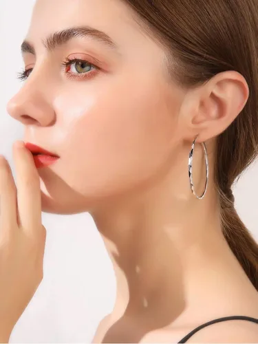 Miniatura 9 de Aretes de aro de plata de ley para mujer, 3 pares de arracadas grandes de plata chapada en oro blanco de 14 quilates, hipoalergénicos, ligeros