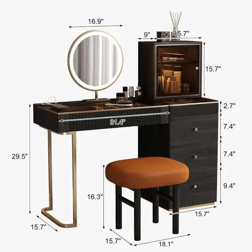 Miniatura 9 de Lartis Mesa de tocador de maquillaje de alta calidad, tocador de almacenamiento, juego de tocador con taburete tapizado de madera maciza, espejo LED
