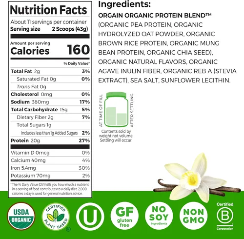 Miniatura 2 de Orgain - Proteína orgánica vegana en polvo + leche de avena, vainilla - 20g de proteína vegetal, sin gluten, sin lácteos, sin soja ni lactosa, baja