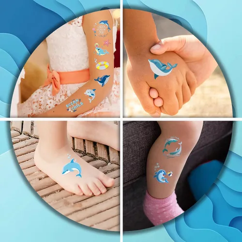 Miniatura 3 de Tatuajes temporales con purpurina de delfín para niños, 4 hojas de tatuajes falsos bronceadores para niñas y niños, lindos tatuajes de animales