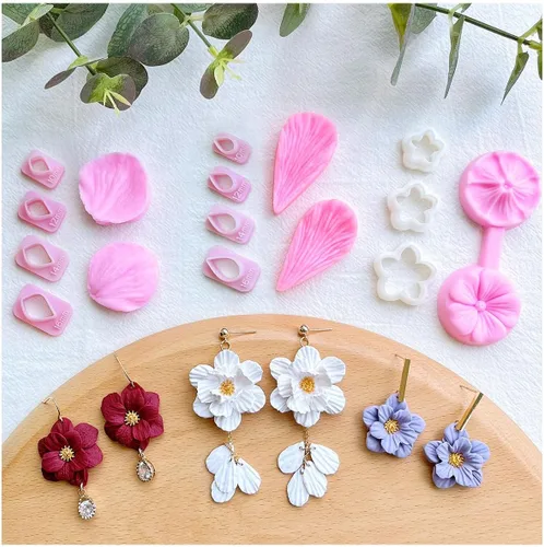 Miniatura 8 de Cortadores de pétalos de flor de arcilla Keoker - Cortadores de arcilla polimérica para hacer aretes, 4 formas con molde de prensa de pétalos de Rojo