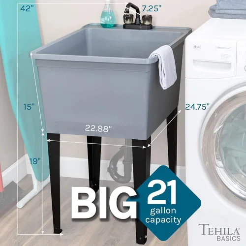 Miniatura 2 de Tehila Basics de JS Jackson Supplies - Fregadero utilitario independiente gris de 21 galones con grifo negro de 2 manijas, bañera de lavandería