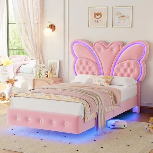 Miniatura 10 de Keyluv Base de cama Queen con cabecera tapizada con patrón de mariposa, moderna cama flotante con luces LED, botón copetudo en cabecero y estribo