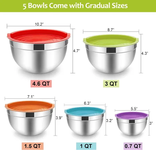Miniatura 3 de E-far Juego de 5 tazones para mezclar con tapas, cuencos de acero inoxidable con tapas herméticas, no tóxicos y aptos para lavavajillas, ideales