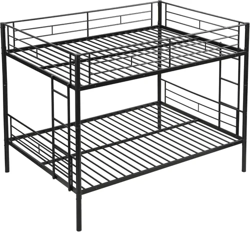 Miniatura 7 de EMKK Litera de metal de tamaño matrimonial sobre matrimonial, litera de tamaño matrimonial con barandilla de seguridad y escaleras, diseño que