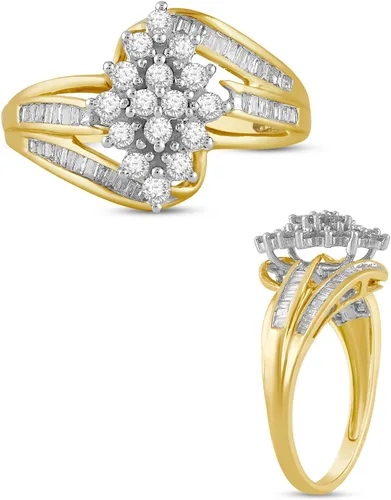 Anillo de oro amarillo de 10 quilates de Jewelili con diamantes blancos naturales redondos y de corte baguette de 12 CTW para mujeres Joyería fina