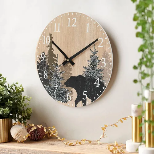 SwallowLiving Reloj de pared con oso de cabaña, 12 pulgadas, silencioso, sin tictac, bosque de madera, vida silvestre, montaña, cabaña, reloj de