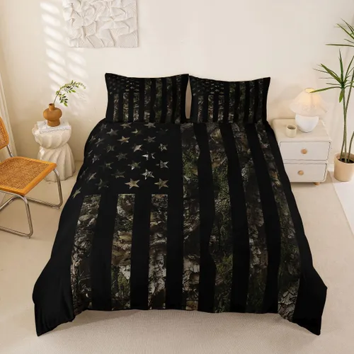 Miniatura 46 de Funda de edredón rústica tamaño Queen, juego de ropa de cama retro para cabaña de cabaña, oso de caza, ciervo, hojas de arce, funda de edredón