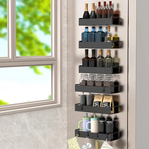 Miniatura 24 de HuggieGems Paquete de 4 organizadores magnéticos para especias para refrigerador y horno, organizadores de nevera gris claro y almacenamiento