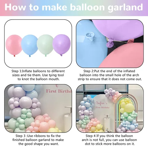 Miniatura 7 de HILAVO Kit de Arco de Globos Pastel Macaron Rosa Azul Verde Morado Amarillo Color Pastel Arcoíris Confeti Globos de Látex Guirnalda para Pascua