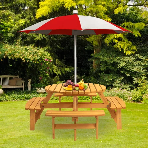 Miniatura 12 de Mesa de picnic redonda de madera para 6 personas, mesa de comedor al aire libre de 35 pulgadas con 3 bancos integrados, agujero para paraguas, mesa