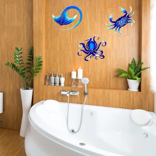 Miniatura 9 de BVLFOOK Decoración de pared de metal, pulpo, cangrejo, manta raya, océano náutico costero, decoración de San Valentín, concisa de 9 pulgadas, juego