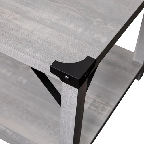 Miniatura 9 de BizChair Modern Farmhouse - Mesa auxiliar de 2 niveles, marco de madera de ingeniería gris Aspen, soportes laterales entrecruzados de metal negro