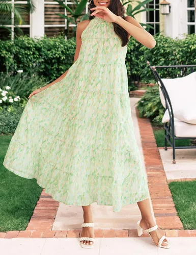 Miniatura 2 de HAEOF Women's 2023 Summer Maxi Dress Casual Floral Tiered Flowy Long Sundress Halter Sleeveless Boho Beach Dresses