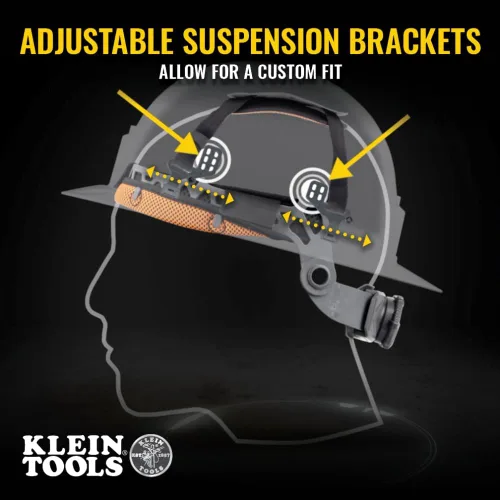 Miniatura 4 de Klein Tools 60346 Casco de seguridad, ala completa sin ventilación, clase E, patrón KARBN premium, lámpara recargable, banda para el sudor acolchada