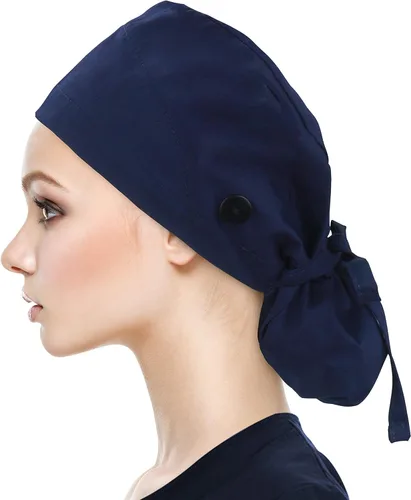 Miniatura 24 de QBA Gorra de trabajo ajustable con botón, gorro forrado de satén, gorro de trabajo de algodón, banda elástica para atar en la espalda, unisex Pt