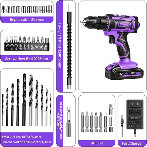Miniatura 2 de Purple 20V Cordless Drill Electric Drill set, Electric Screwdriver with 2 Batteries & Charger, 3/8" Keyless Chuck, 25+1 Torque 2-Speed Hammer Drill
