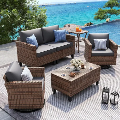 UDPATIO Juego de muebles de patio, 5 piezas, juegos de muebles para exteriores con sillas giratorias y oscilantes, juego de conversación al aire