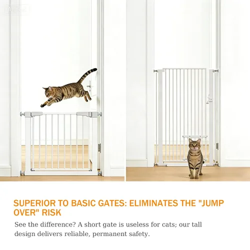 Miniatura 6 de Puerta extra alta para gatos de 55.11 pulgadas, puerta de 29.5-40.6 pulgadas de ancho con puerta pequeña para gatos, puerta de seguridad para Blanco