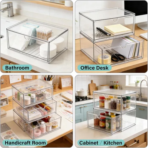 Miniatura 4 de Prsildan Organizador de maquillaje acrílico, cajones de almacenamiento transparentes apilables para biberones, organizadores de escritorio